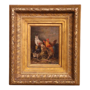 19th Century Oil on Board Chicken Painting in Gilt Frame Signed E. Coppenolle
