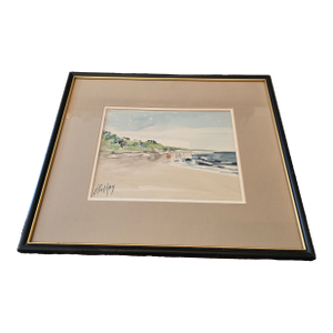 1940s Vintage Beach Painting Signed Impressionist Watercolor, Framed