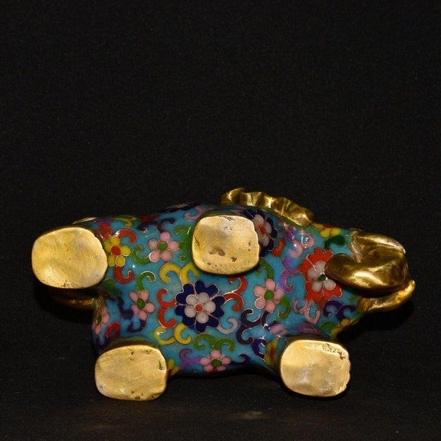 Vintage Cloisonne Enamel Elephant Pair – 6.7" Gilt Figures With Floral Motif For Sale - Image 9 of 9
