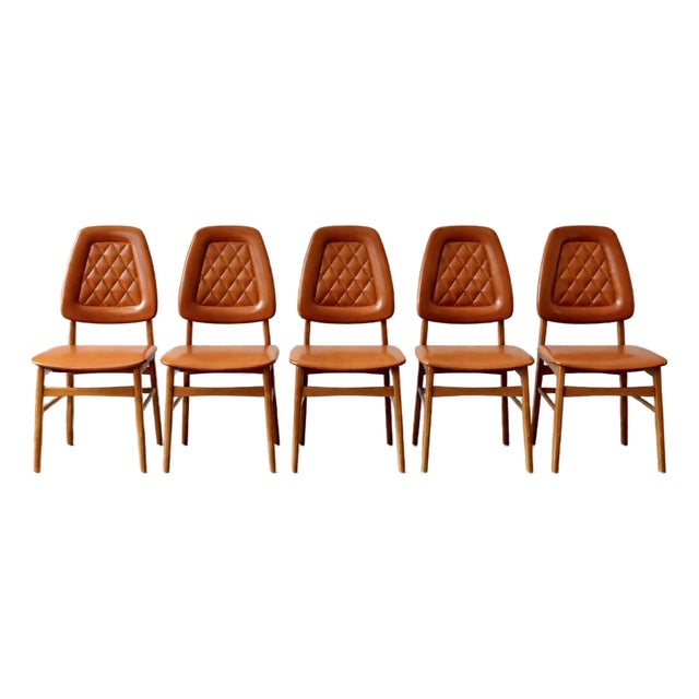 Set of 5 - Mid Century Modern Scandinavian Dining Chairs | Diamond Stitched Upholstery, C. 1960's For Sale