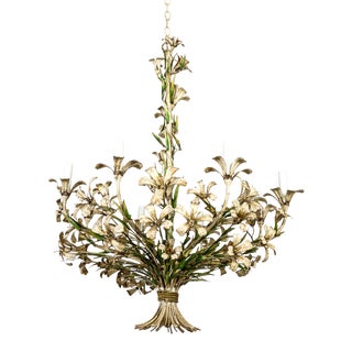 1940s Italian Cream & Green Tole Flower Bouquet Chandelier For Sale