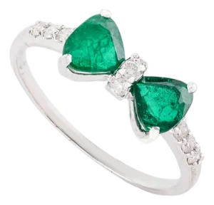 Natural Trillion Cut Emerald Diamond Bow Ring Size 6.5 in 14k White Gold