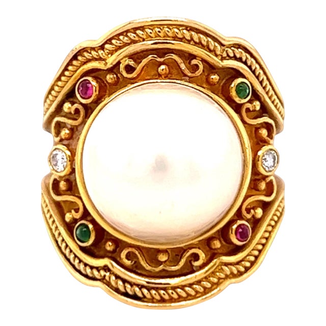 1990s Mabe Pearl, Diamond, Ruby and Emerald Ring in 18k Yellow Gold Size 7.25 For Sale