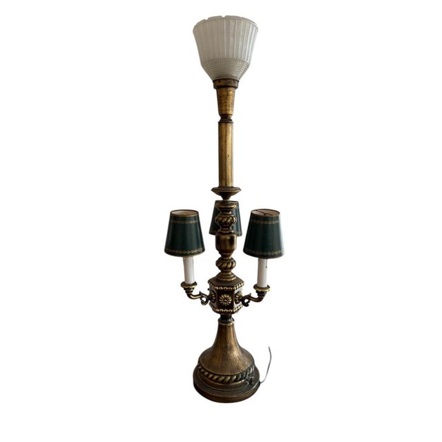 Vintage Brass Torchiere and Candelabra Table Lamp with Green Shades For Sale - Image 3 of 8