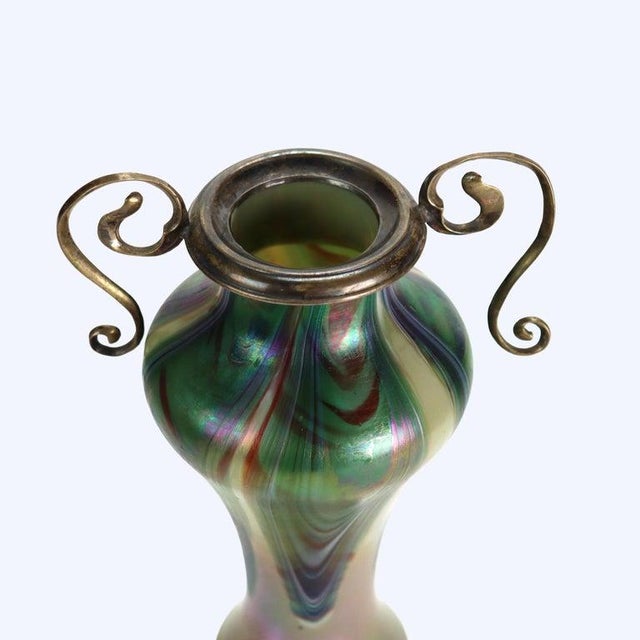 Art Nouveau Antique Rindskopf Attr Art Nouveau Pulled Feather Art Glass & Silver Vase C1920 For Sale - Image 3 of 7