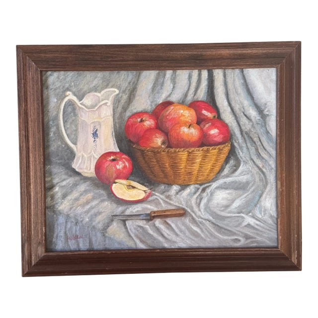 Framed Still Life Painting by Boise Artist Rob J. Nelson – Basket of Apples and Ceramic Pitcher For Sale