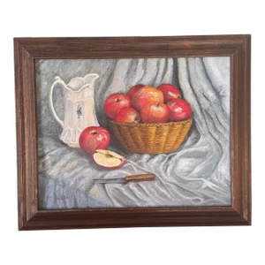 Framed Still Life Painting by Boise Artist Rob J. Nelson – Basket of Apples and Ceramic Pitcher