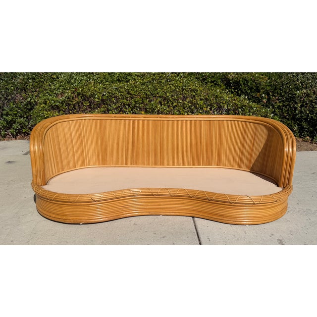 1980s Vintage Curved Pencil Reed Rattan Sofa, With New Sunbrella Upholstery For Sale - Image 12 of 14