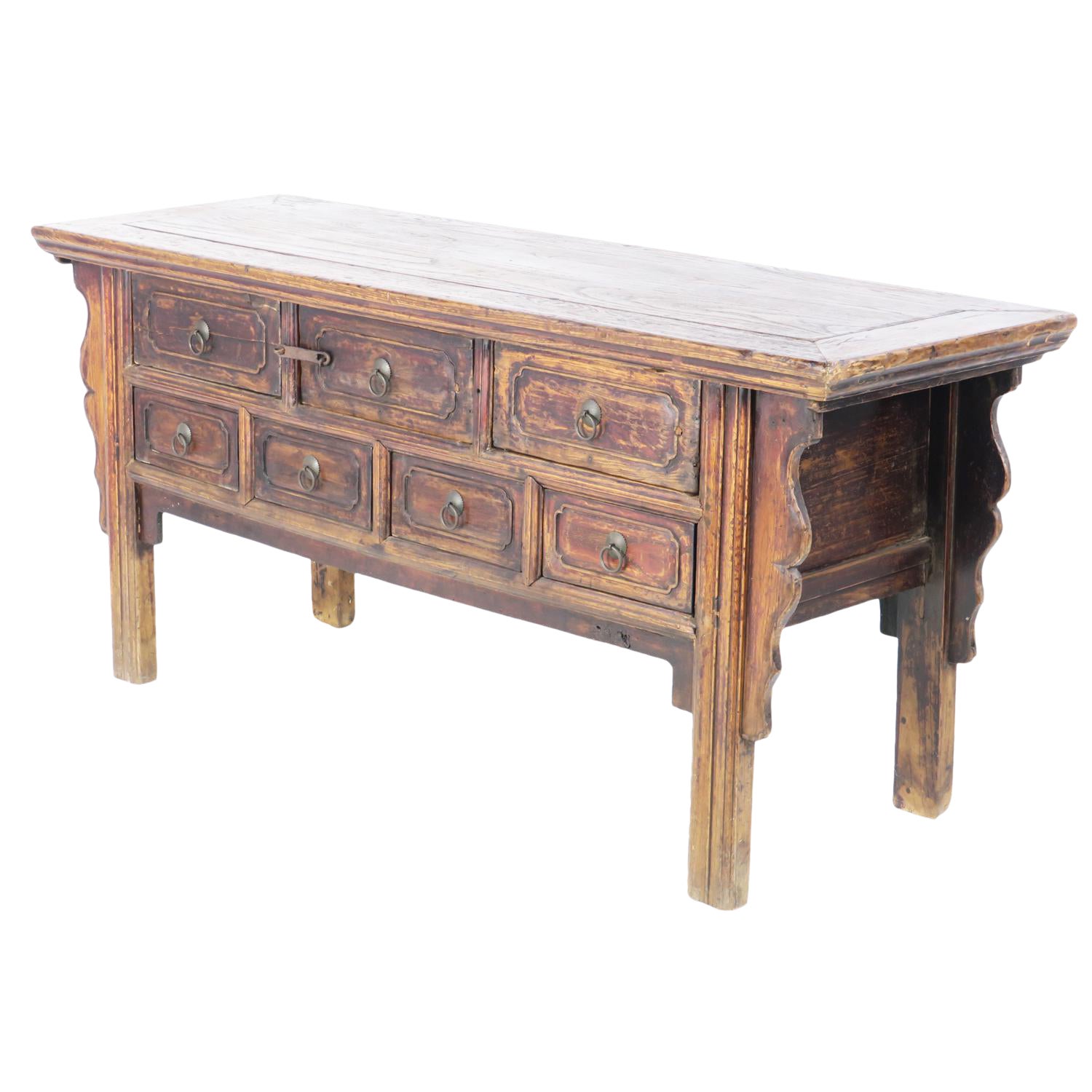 19th Century Chinese 68 Long Elm 7 Drawer Sideboard Buffet Table