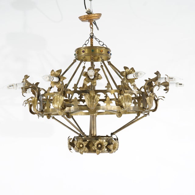Brass Antique French Fleur-de-Lis Design Brass & Jeweled Twelve-Light Chandelier 1930 For Sale - Image 8 of 12
