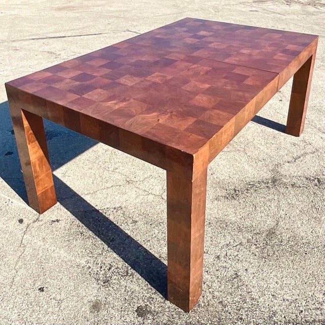 A fantastic vintage Boho Burl wood Parsons dining table. Made In the style of the iconic Thayer Coggin. Beautiful...