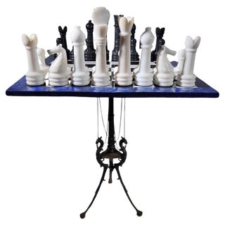 Italian Dragon-Shaped Chess Table in Lapis Lazuli and Marble, 1950s, Set of 33 For Sale