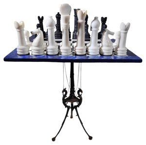 Italian Dragon-Shaped Chess Table in Lapis Lazuli and Marble, 1950s, Set of 33
