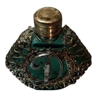 Exquisite 1920 Signed Czech Glass Perfume Bottle W/ Gilted Brass Filigree For Sale