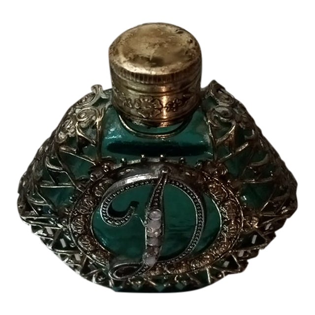 Exquisite 1920 Signed Czech Glass Perfume Bottle W/ Gilted Brass Filigree For Sale