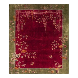 1920s Red Rust Field Floral Greek Key Antique Chinese Art Deco Wool Rug 8' X9'6" For Sale