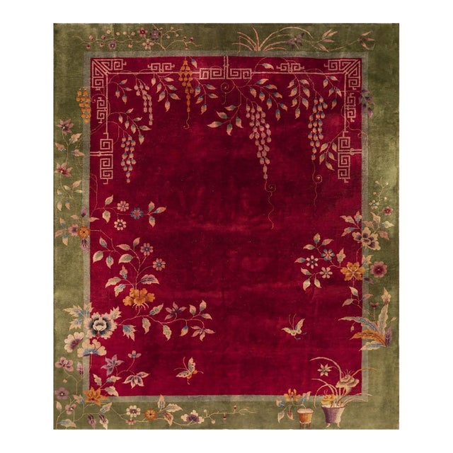 1920s Red Rust Field Floral Greek Key Antique Chinese Art Deco Wool Rug 8' X9'6" For Sale