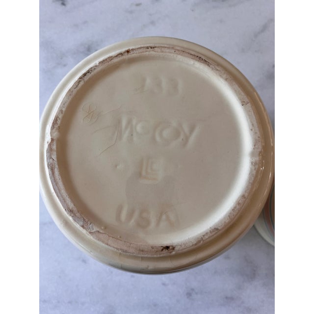 Pair of Vintage McCoy Pink and Blue Stripe Canisters For Sale - Image 10 of 10