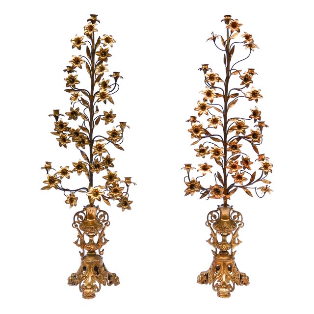 Large Gilded Metal Church Candelabras, 19th Century, Set of 2 For Sale