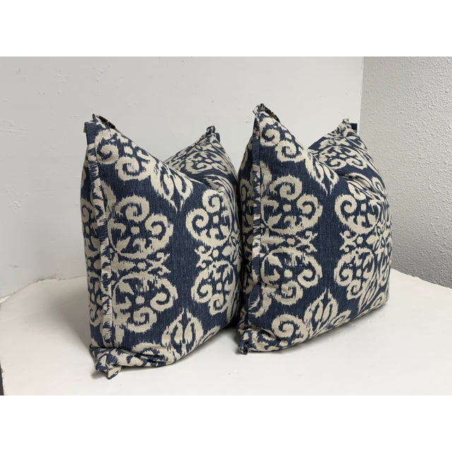 Design Plus Gallery presents a Pair of Bespoke Blue + Ivory Ikat Damask Throw Pillows. The pair is upholstered in a woven...
