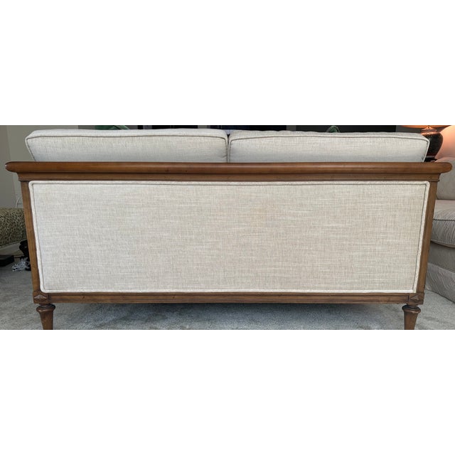 Vintage Cane Settee | Professionally Upholstered Neutral Herringbone | Classic Transitional For Sale - Image 4 of 6