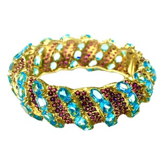 Bochic "Capri" Natural Ruby & Blue Topaz Bangle Set In 18K Gold & Silver For Sale