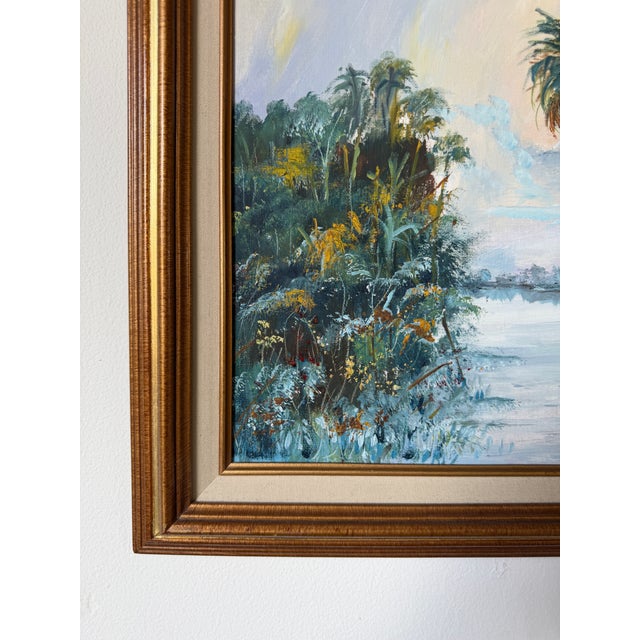 Wood Vintage W. Flosier Tropical Florida Highwaymen Style Oil on Masonite Board – Framed For Sale - Image 7 of 16