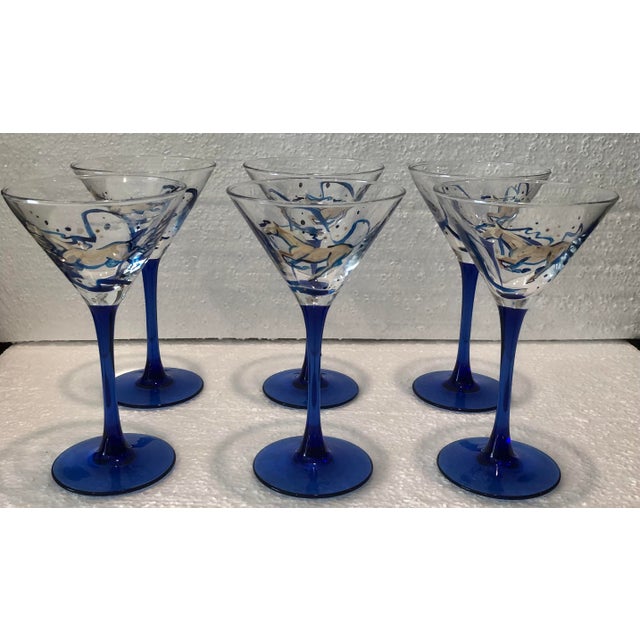 Mid Century French Blue Hand Painted Equestrian Horse Martini Glasses - Set of 6 For Sale - Image 10 of 10