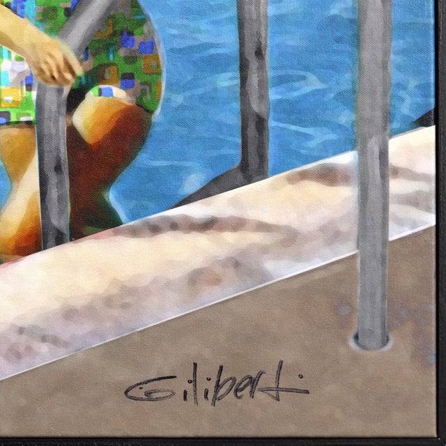 Blue Sea Breeze - Framed Pool Scene Original Mid Century Modern Figurative Mixed Media Art by Michael Giliberti For Sale - Image 8 of 8