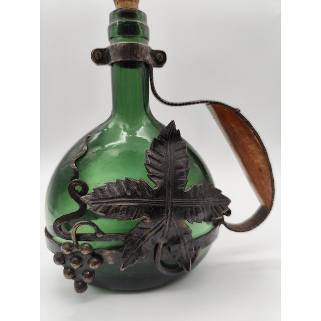 Antique 18th Century Green Glass Bocksbeutel Bottle with Dark Metal Mount and Ring-Shaped Stopper For Sale - Image 5 of 5