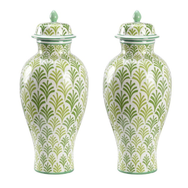 Hollywood Regency Pair of Ceramic Green & White “Matisse” Ginger Jars For Sale - Image 3 of 3