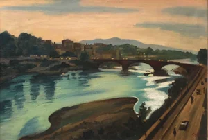 Vintage Saul Schary Modernist Oil Painting of a Bridge Over the Water