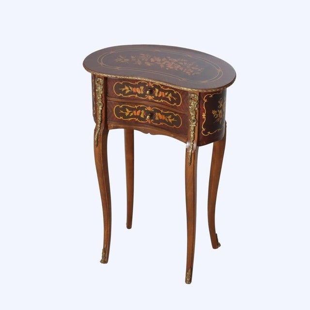 French French Rosewood, Ormolu, Marquetry & Inlaid 2 Drawer Kidney Shaped Stand C1920 For Sale - Image 3 of 15
