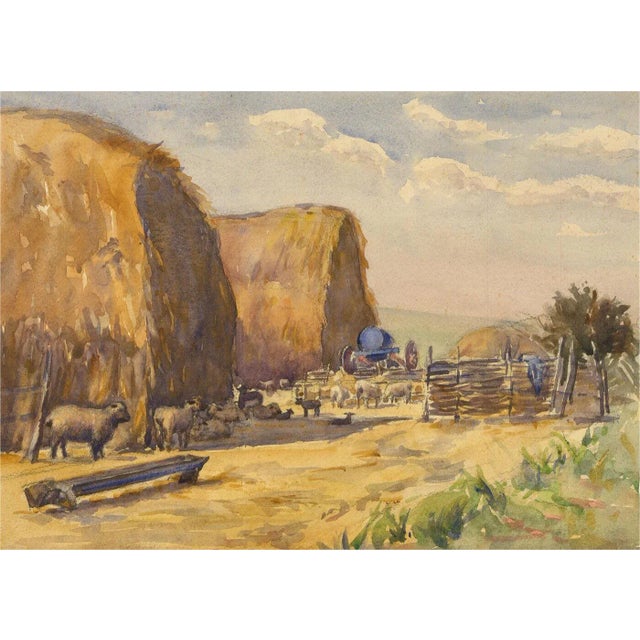 This is an original watercolor painting of a pastoral scene with grazing sheep and haystacks. This vintage piece is on...