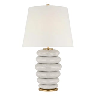Kelly Wearstler by Visual Comfort Signature Phoebe Cordless Stacked Table Lamp in Antiqued White Ceramic with Linen Shade For Sale