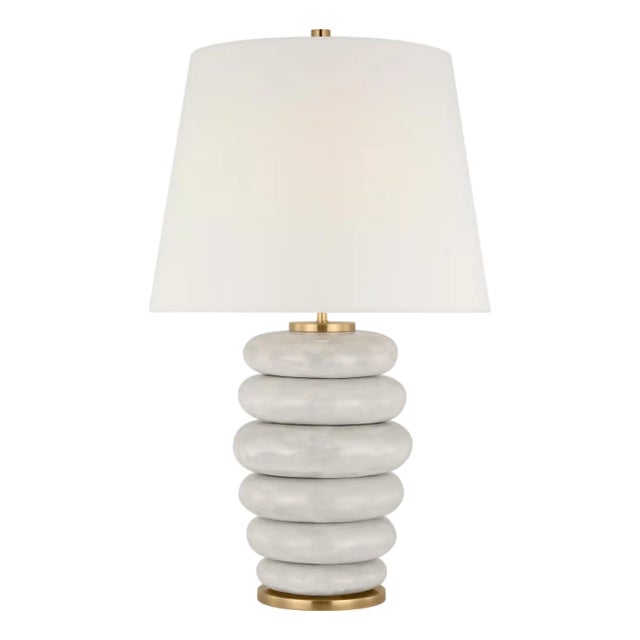 Kelly Wearstler by Visual Comfort Signature Phoebe Cordless Stacked Table Lamp in Antiqued White Ceramic with Linen Shade For Sale