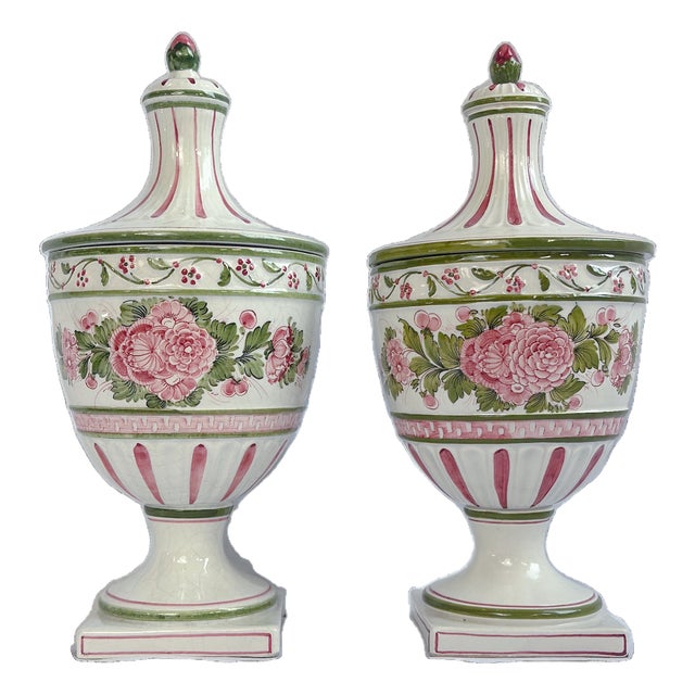 Mid 20th Century Italian Meiselman Imports Hand-Painted Pink & Green Lidded Urns – A Pair For Sale