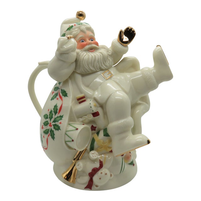 Vintage 1999 Lenox Holiday Collection Christmas Ice Skating Santa Porcelain Tea Pot For Sale