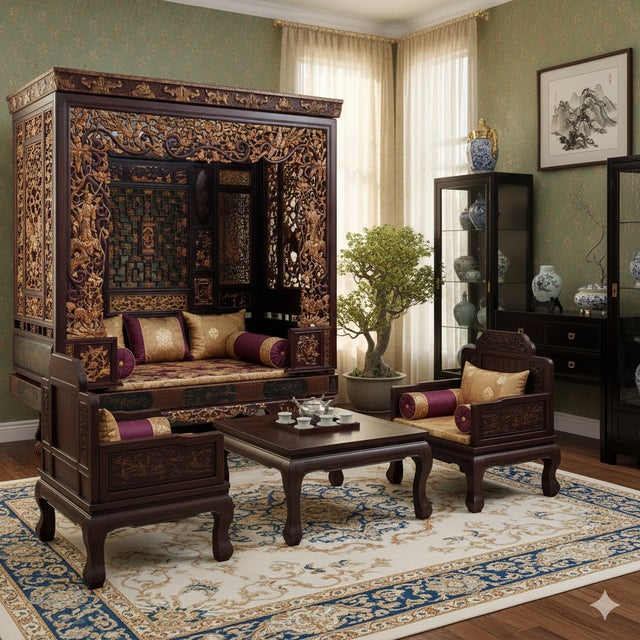 Vintage Chinese Brown Golden Carving Fujian Graphic Canopy Bed For Sale - Image 11 of 13