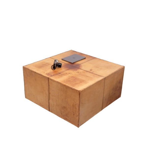 Large Stitch Cognac Leather Coffee Table, France, 1970s For Sale - Image 9 of 9