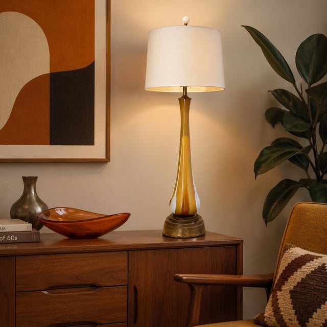 Vintage Mid-Century Murano Style Handblown Amber & White Art Glass Table Lamp With Brass Base For Sale - Image 13 of 13