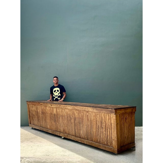 Vintage Wood Industrial Long Counter For Sale - Image 13 of 13