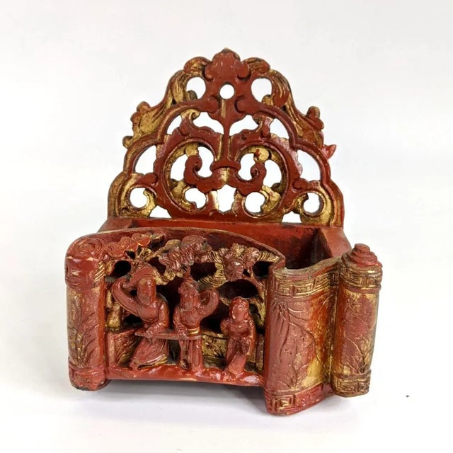 Paint 19th Century Red Lacquered Wall Pocket Miniature For Sale - Image 7 of 7