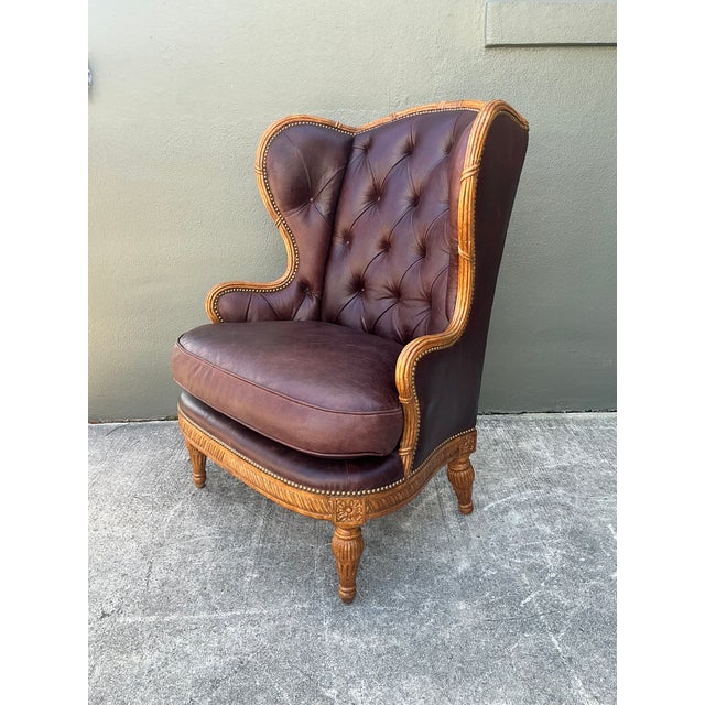 Vintage Tufted Leather Wingback Chair For Sale - Image 4 of 12