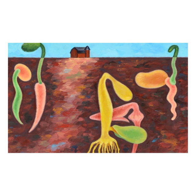 Spring Has Sprung on the Farm - Abstracted Landscape in Oil on Masonite Abstract farm with seeds sprouting in a bold...