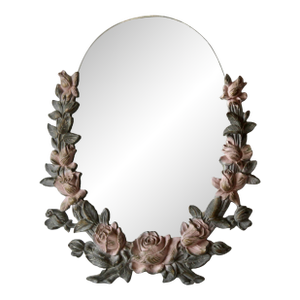 1960s Vintage Hollywood Regency Syracuse Ornamental Oval Vanity Table Top Mirror Pink Roses Wreath Details