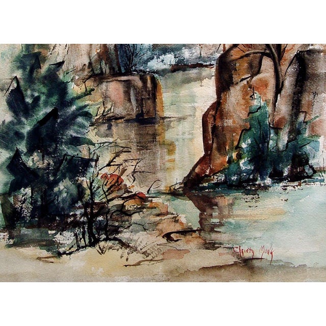 Vintage 1957 modernist landscape watercolor on paper painting by Christy Monk (20th century) American. Signed lower right...