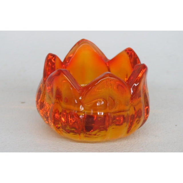 Orange Flower Shaped Glowing Orange Glass Tealight Holder Small Petal Ring Dish 4946b For Sale - Image 8 of 13