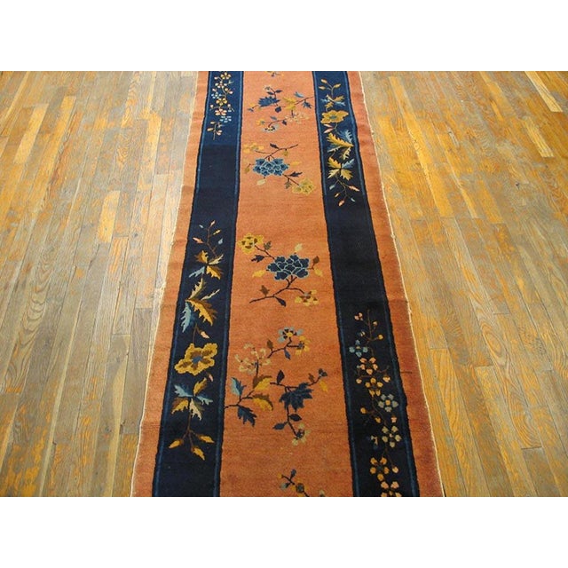 Art Deco 1920s Salmon Floral Antique Chinese Art Deco Rug 2'6"x 11'9" Handknotted Wool Carpet For Sale - Image 3 of 4