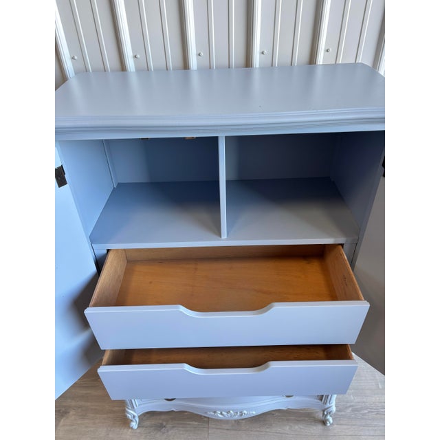 Blue 1960s French Provincial Style Armoire Wardrobe Storage in Soft Blue With Carved Details For Sale - Image 8 of 11